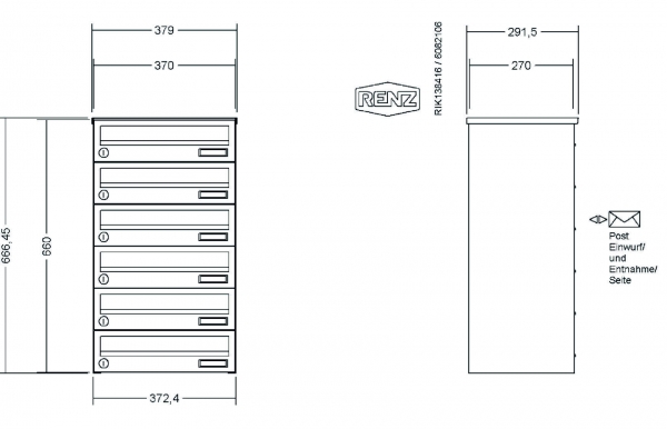 RENZ Briefkastenanlage, Aufputz, Classic Basic B, Edelstahl V4A, Kastenformat 370x110x270mm, 6-teilig
